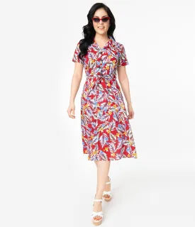 1950s Style Burgundy Tropical Print Swing Dress