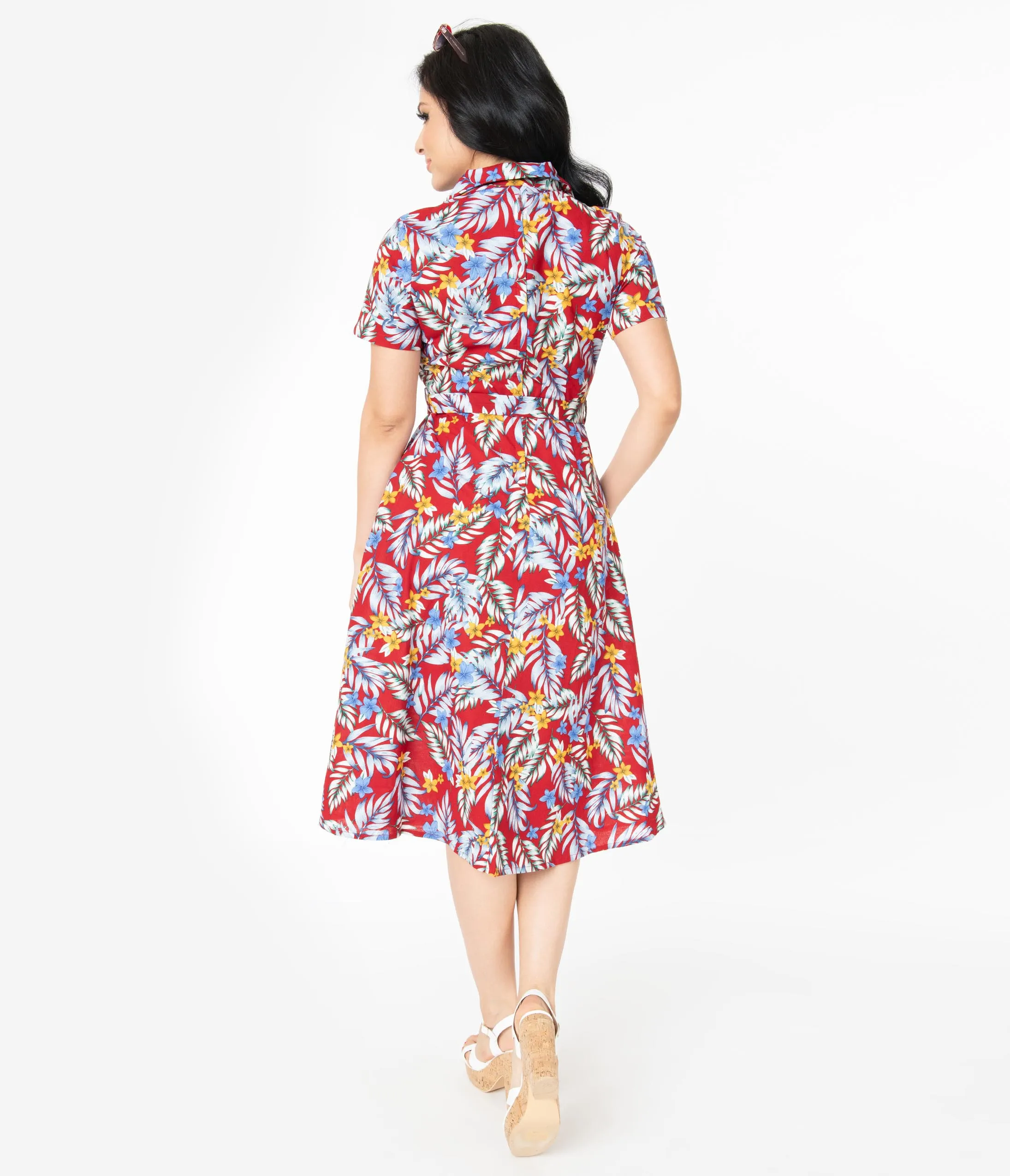 1950s Style Burgundy Tropical Print Swing Dress