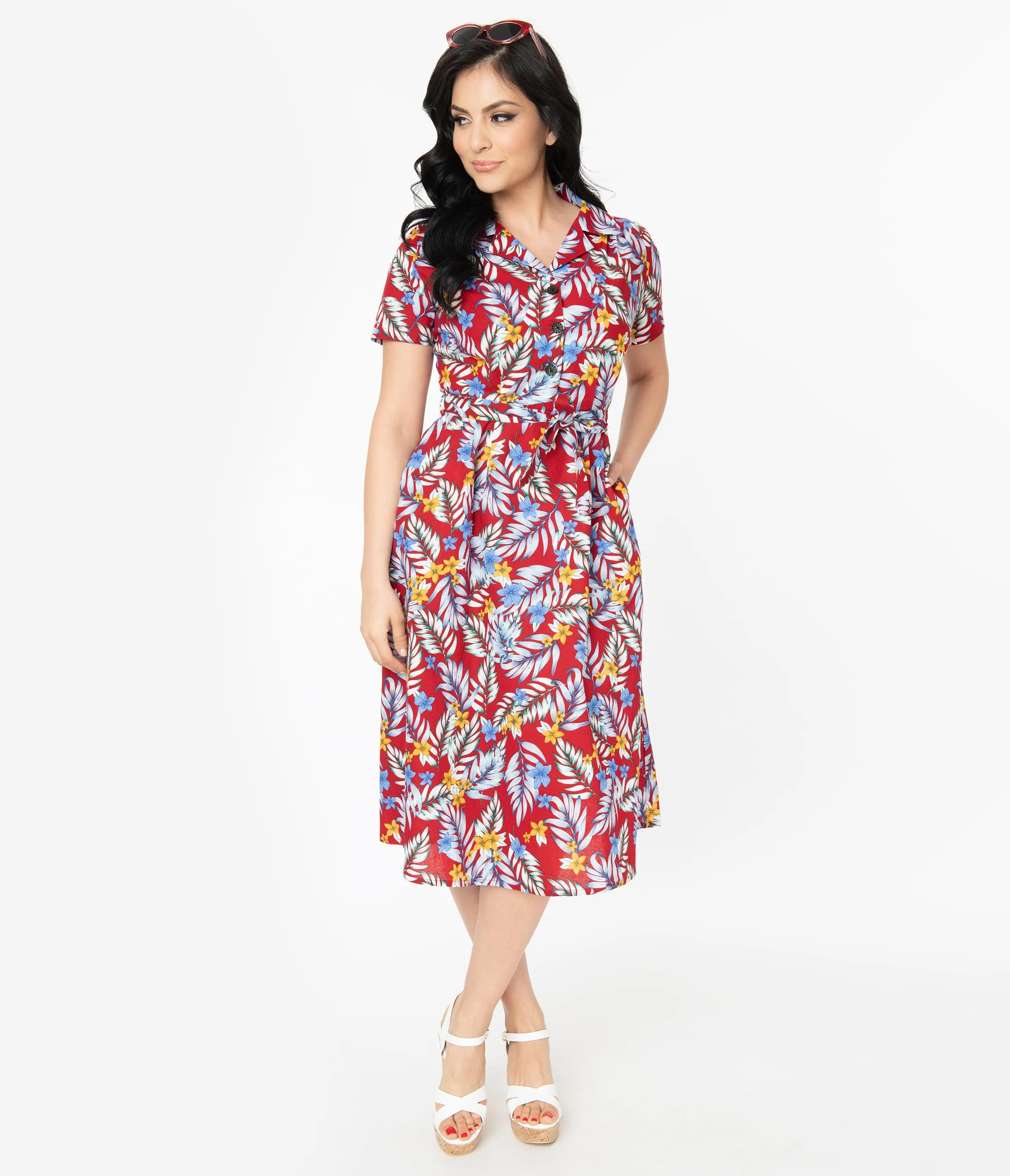 1950s Style Burgundy Tropical Print Swing Dress