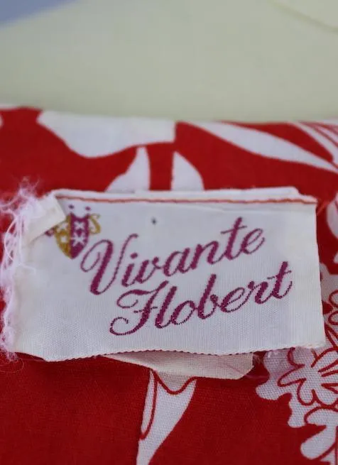 1960s Vintage Red & White Floral Print Caftan Dress / Vivante Flobert