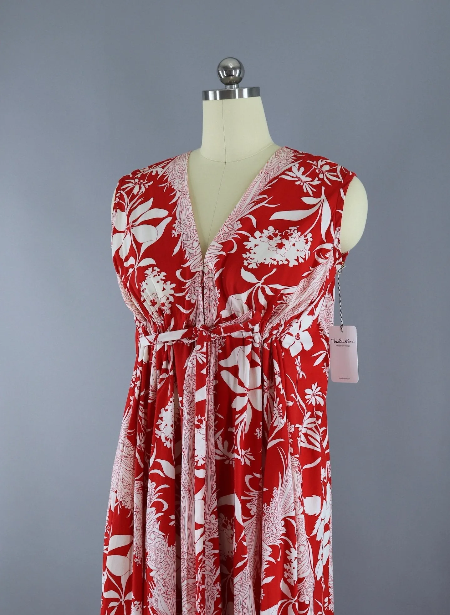 1960s Vintage Red & White Floral Print Caftan Dress / Vivante Flobert