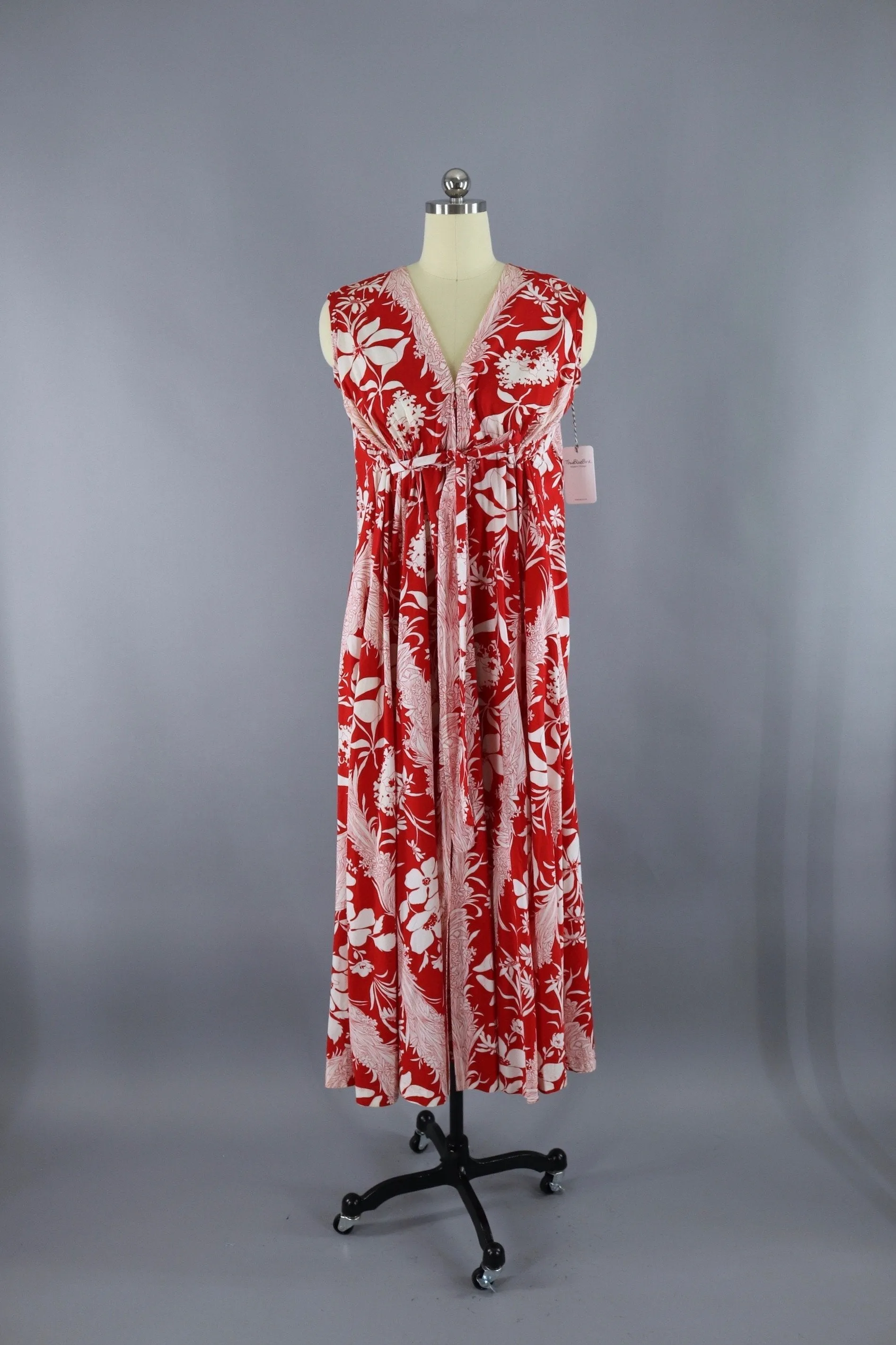 1960s Vintage Red & White Floral Print Caftan Dress / Vivante Flobert