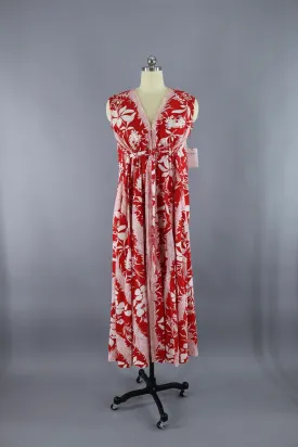 1960s Vintage Red & White Floral Print Caftan Dress / Vivante Flobert