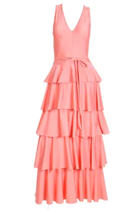 1970s Tiered Ruffled Coral Vintage Maxi Dress With Shawl
