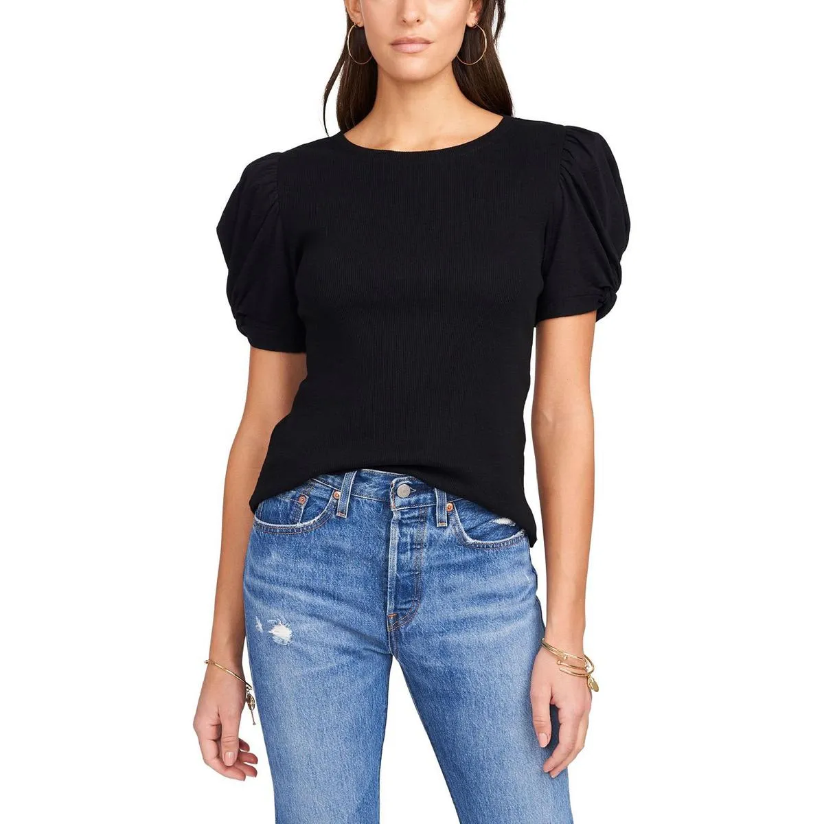 1.State Womens Ribbed Crewneck Pullover Top