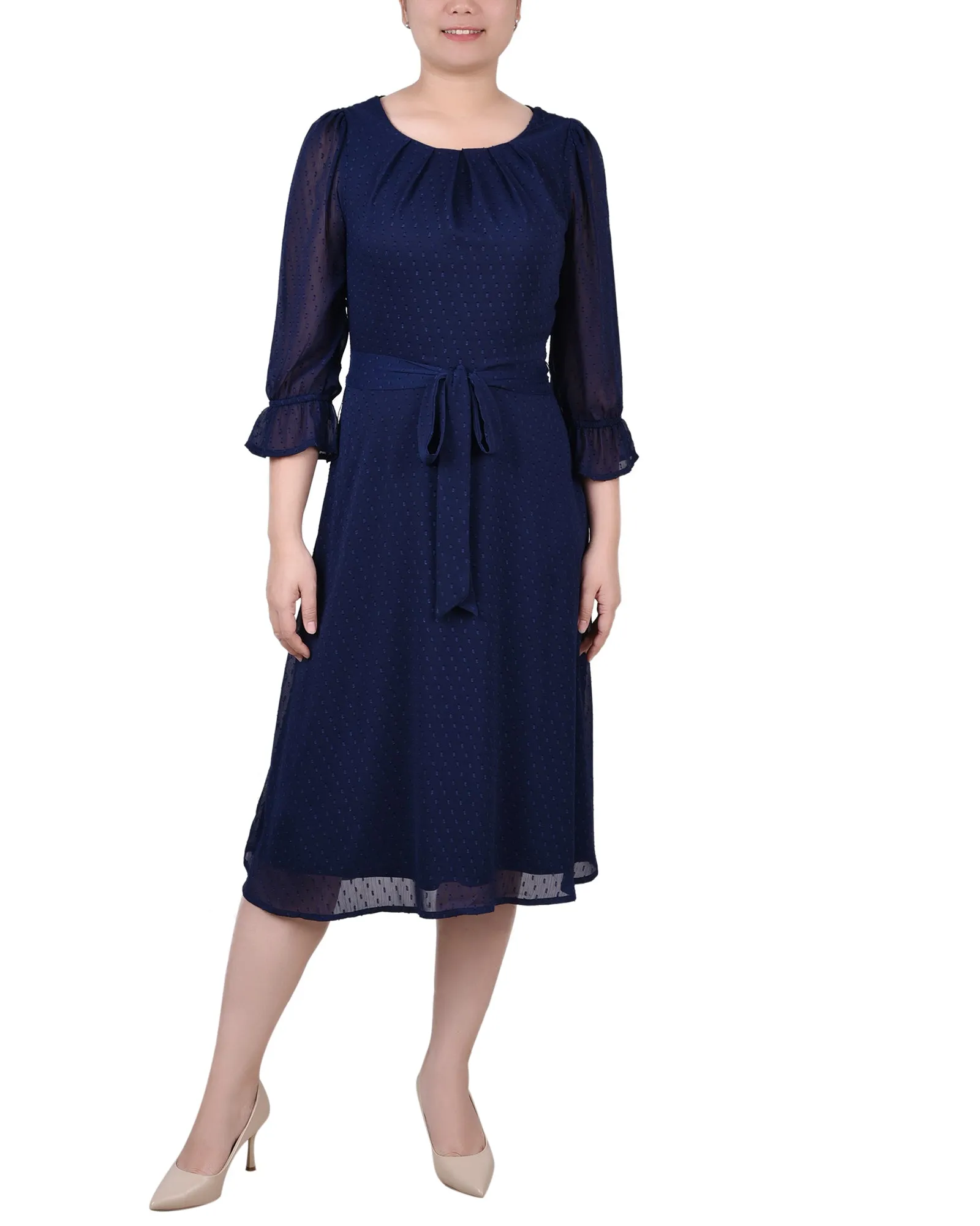 3/4 Sleeve Belted Swiss Dot Dress
