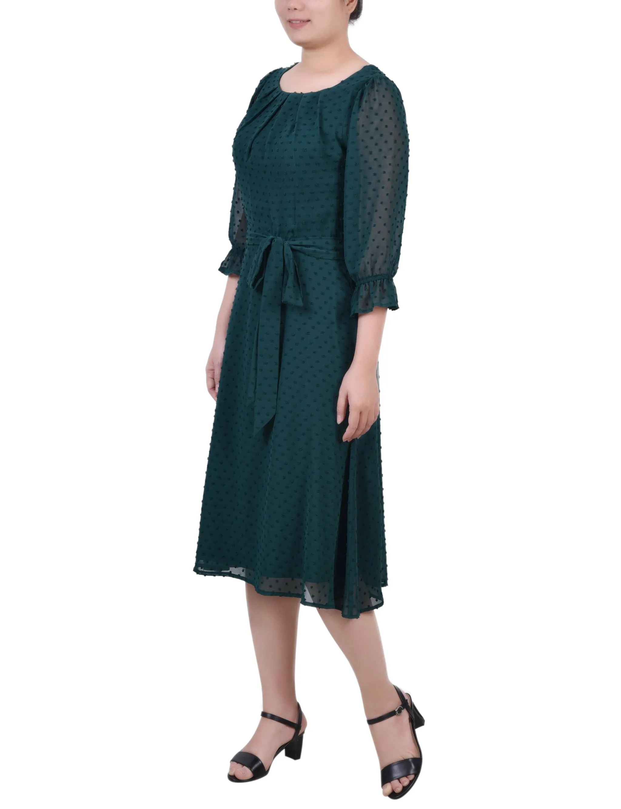 3/4 Sleeve Belted Swiss Dot Dress