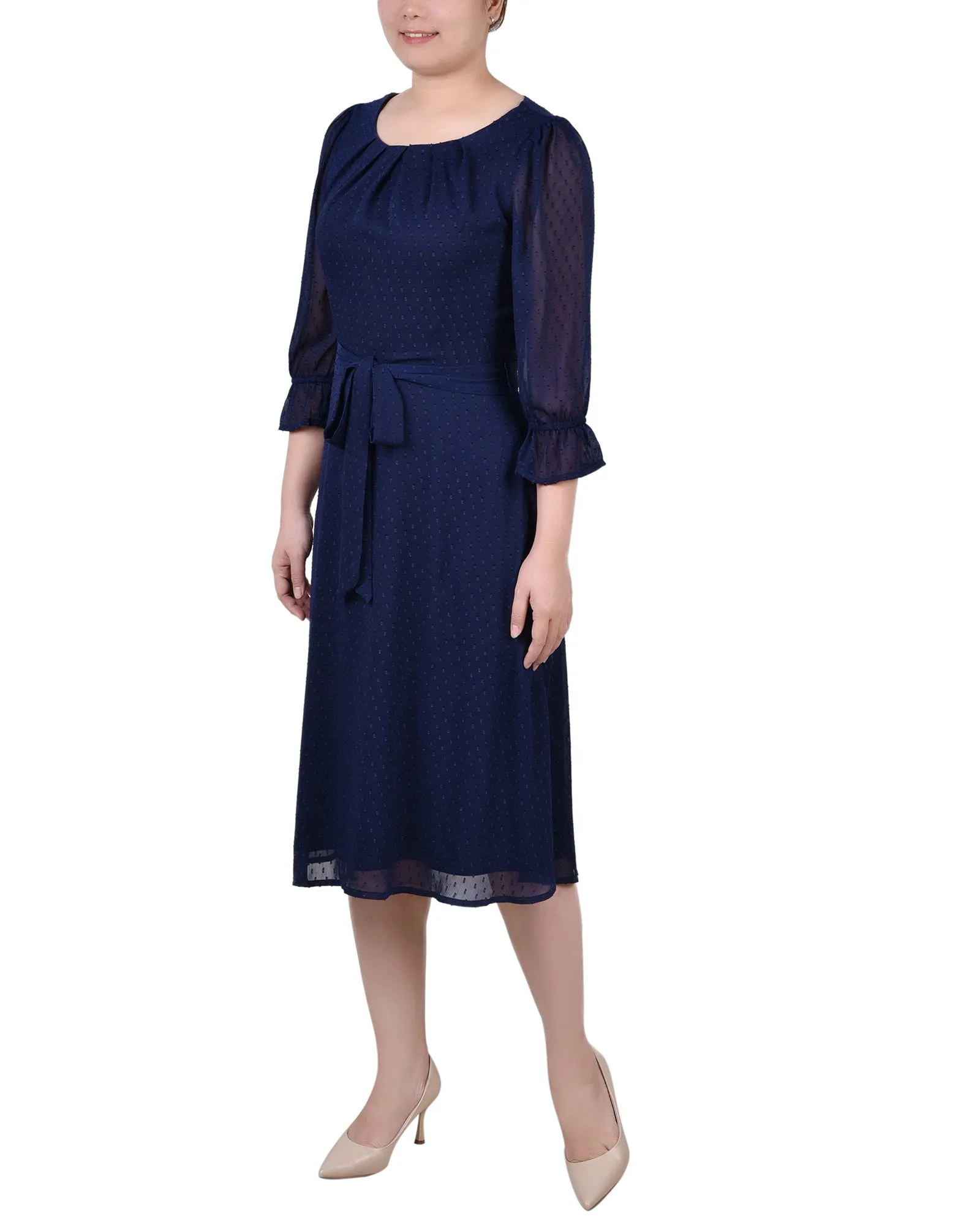 3/4 Sleeve Belted Swiss Dot Dress
