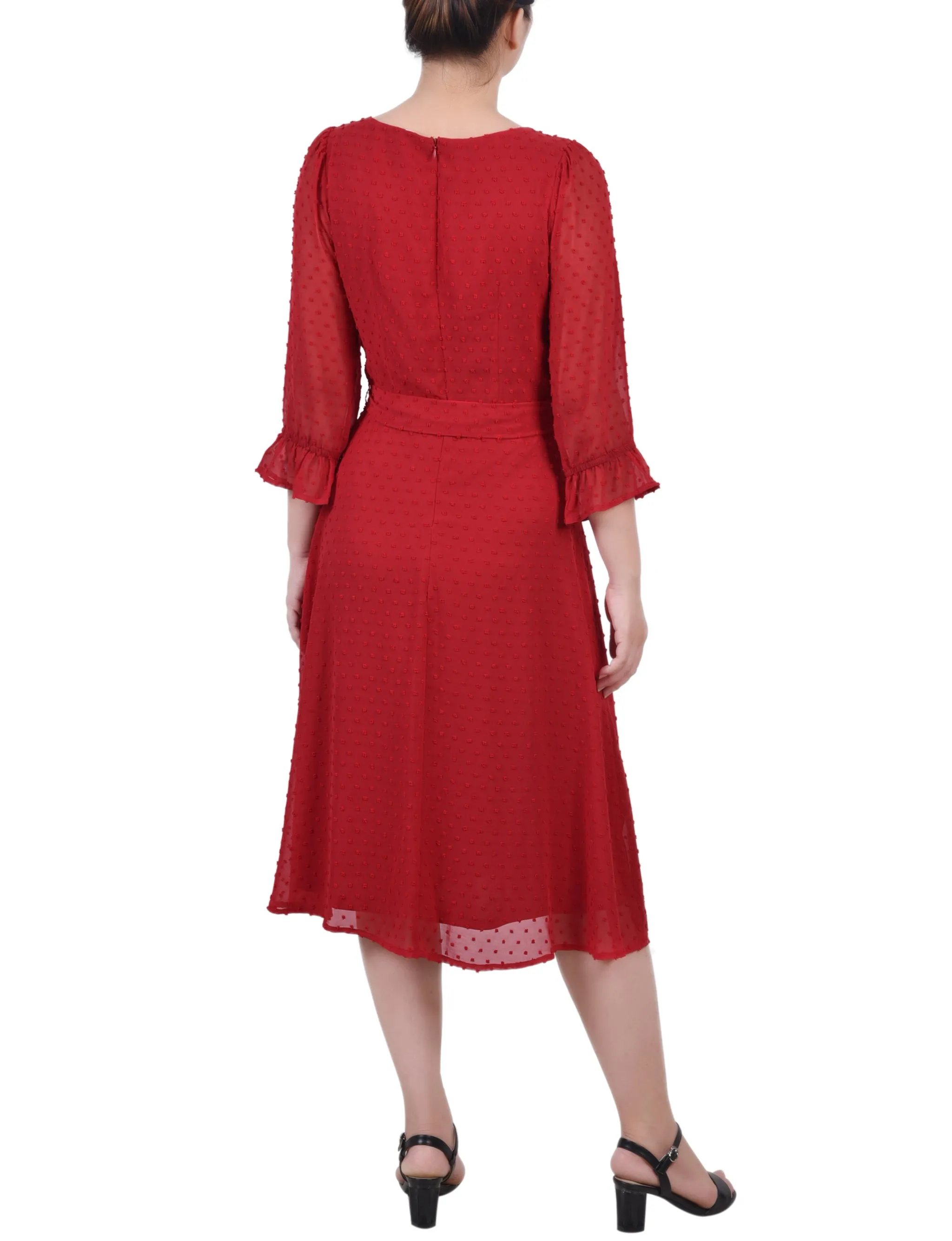3/4 Sleeve Belted Swiss Dot Dress