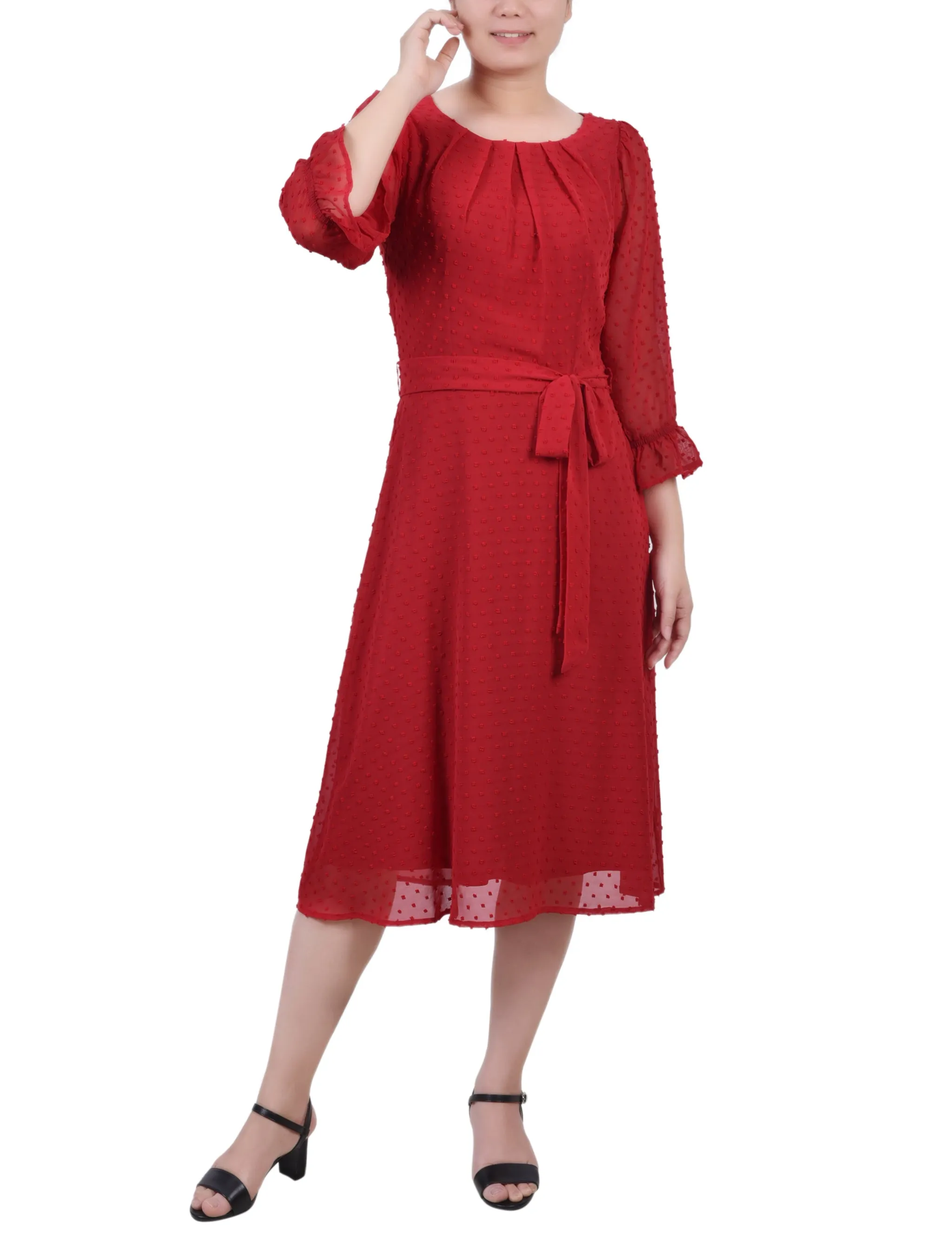 3/4 Sleeve Belted Swiss Dot Dress