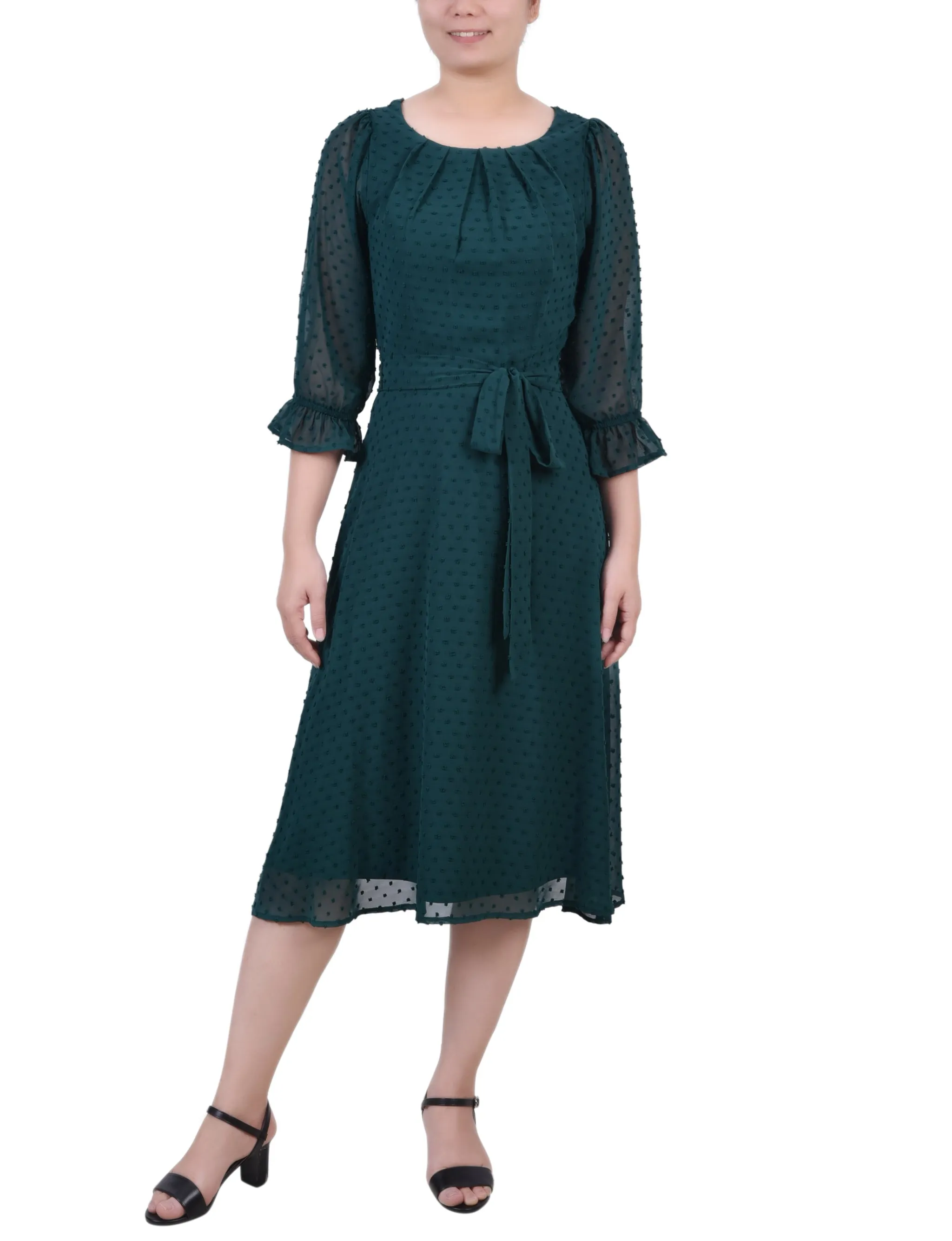 3/4 Sleeve Belted Swiss Dot Dress