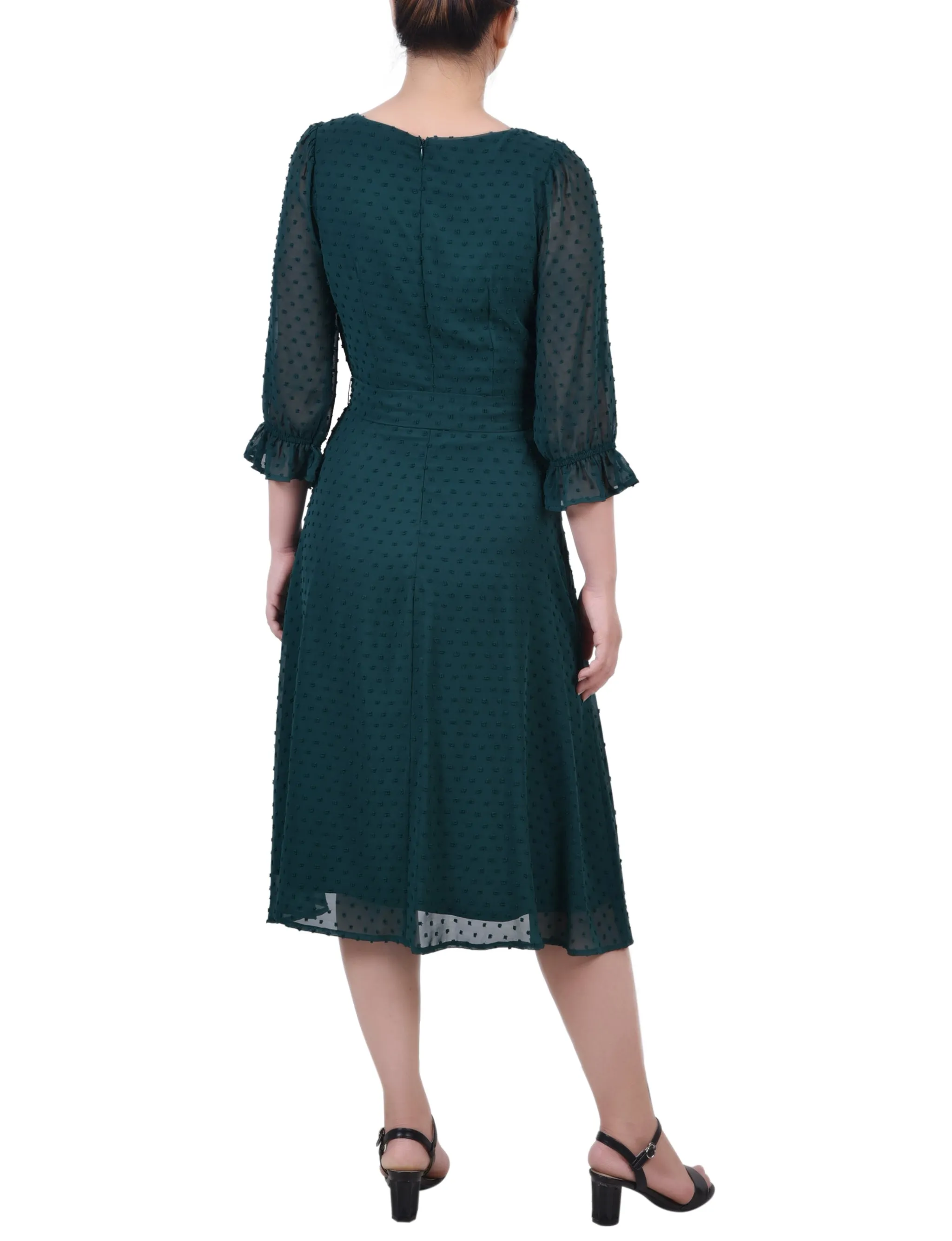 3/4 Sleeve Belted Swiss Dot Dress