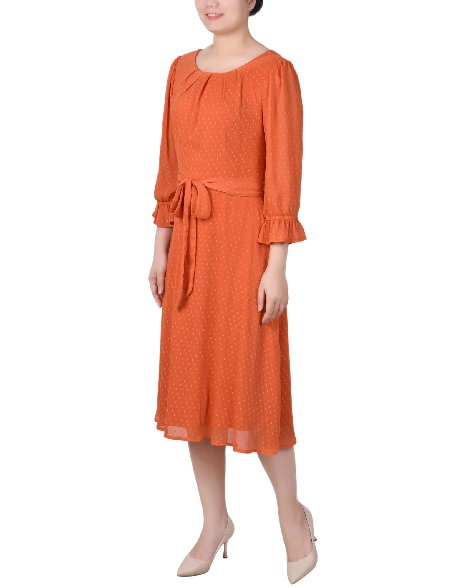 3/4 Sleeve Belted Swiss Dot Dress