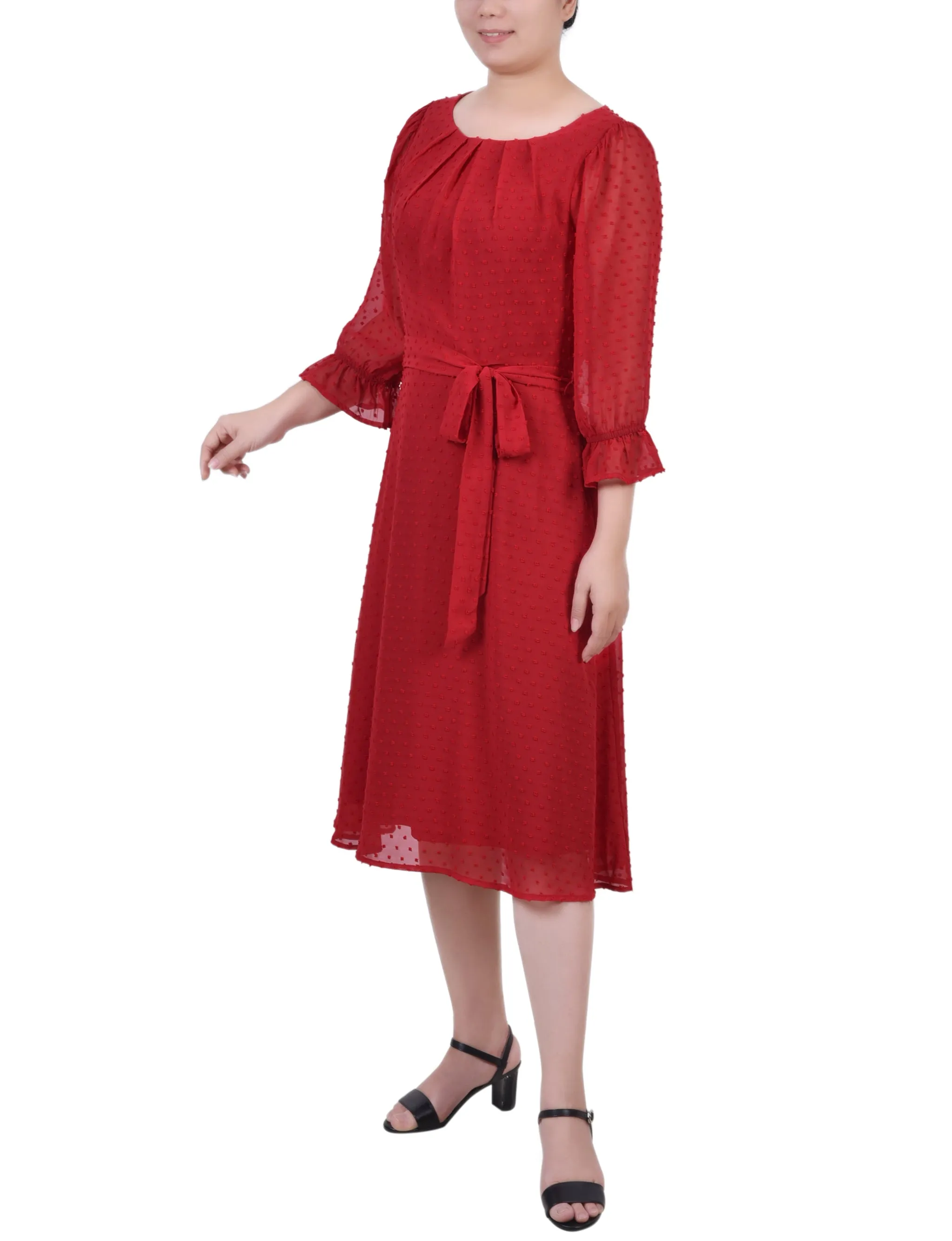 3/4 Sleeve Belted Swiss Dot Dress