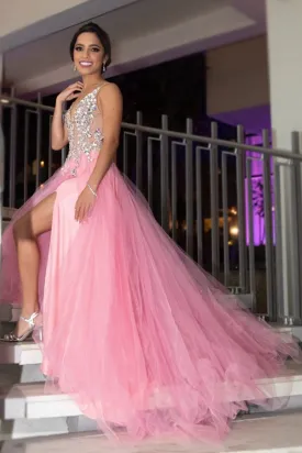A Line V Neck Sequins Beaded Pink Prom Dresses with Slit, Beaded Pink Formal Dresses, Pink Evening Dresses