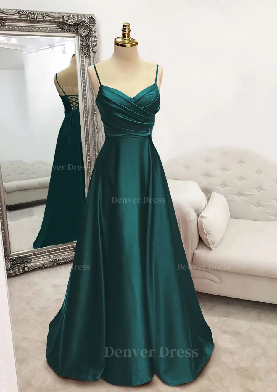 A-line V Neck Spaghetti Straps Long/Floor-Length Satin Prom Dress With Pleated