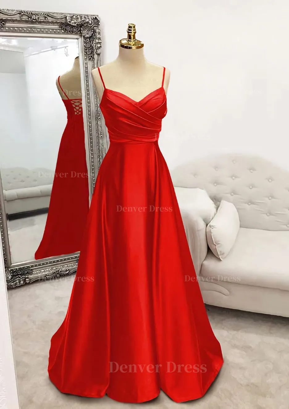 A-line V Neck Spaghetti Straps Long/Floor-Length Satin Prom Dress With Pleated