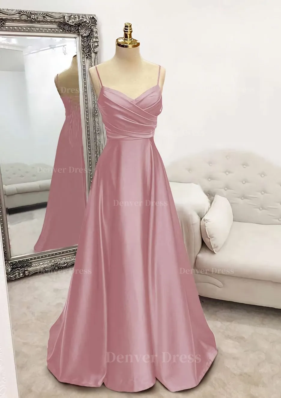 A-line V Neck Spaghetti Straps Long/Floor-Length Satin Prom Dress With Pleated