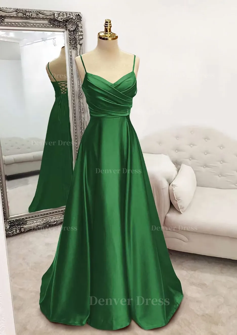 A-line V Neck Spaghetti Straps Long/Floor-Length Satin Prom Dress With Pleated
