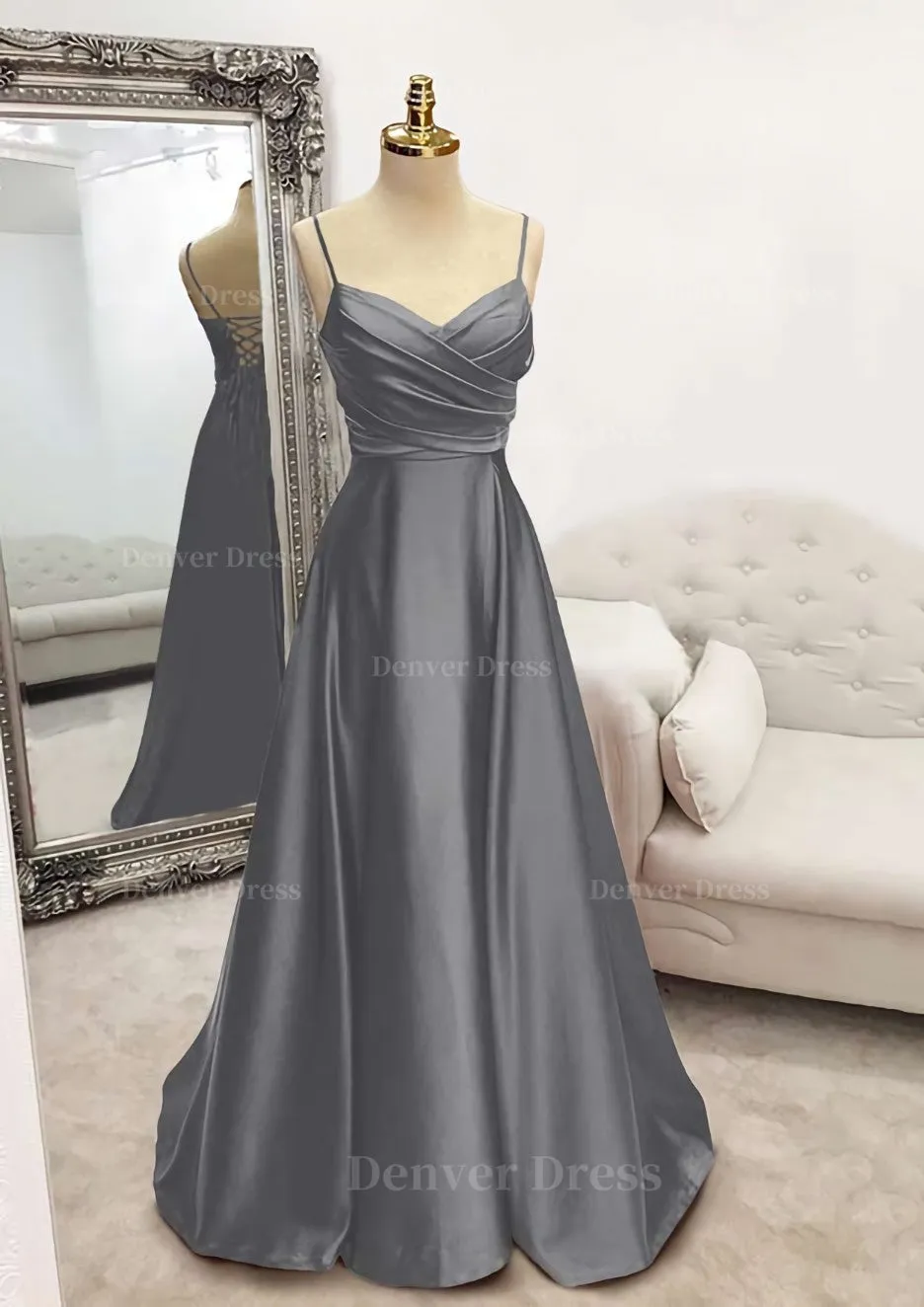 A-line V Neck Spaghetti Straps Long/Floor-Length Satin Prom Dress With Pleated