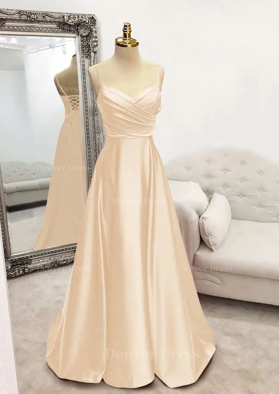 A-line V Neck Spaghetti Straps Long/Floor-Length Satin Prom Dress With Pleated