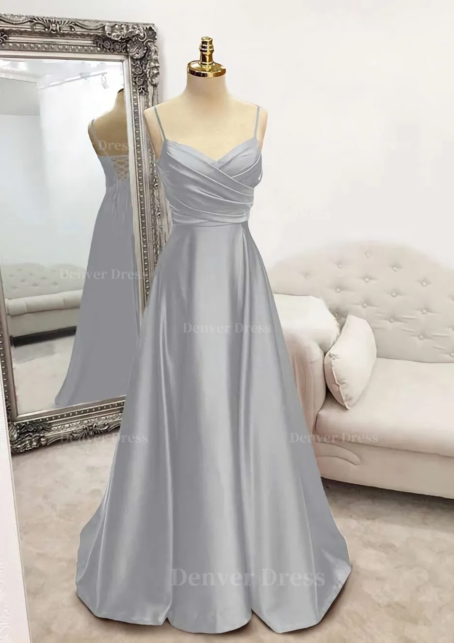 A-line V Neck Spaghetti Straps Long/Floor-Length Satin Prom Dress With Pleated