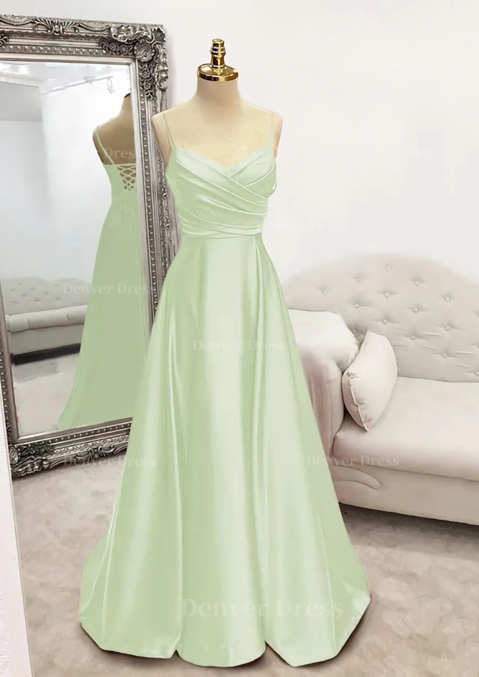 A-line V Neck Spaghetti Straps Long/Floor-Length Satin Prom Dress With Pleated