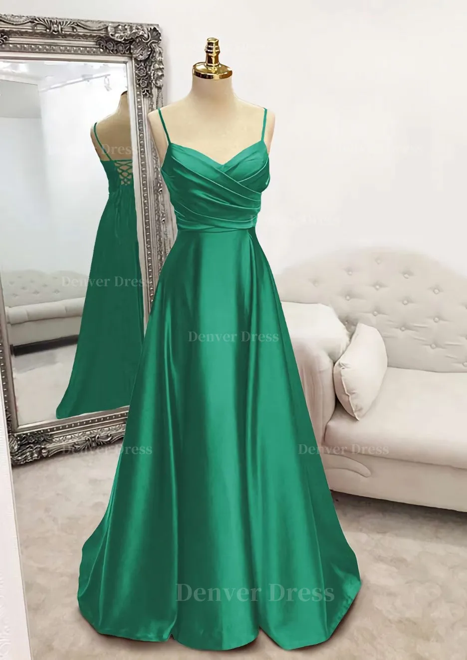 A-line V Neck Spaghetti Straps Long/Floor-Length Satin Prom Dress With Pleated