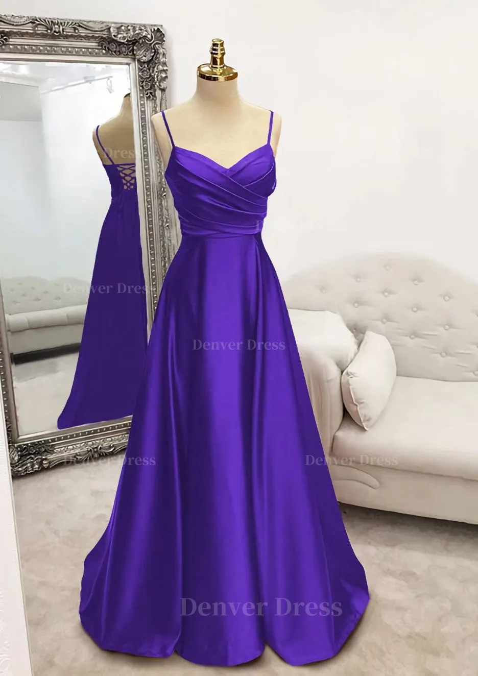A-line V Neck Spaghetti Straps Long/Floor-Length Satin Prom Dress With Pleated
