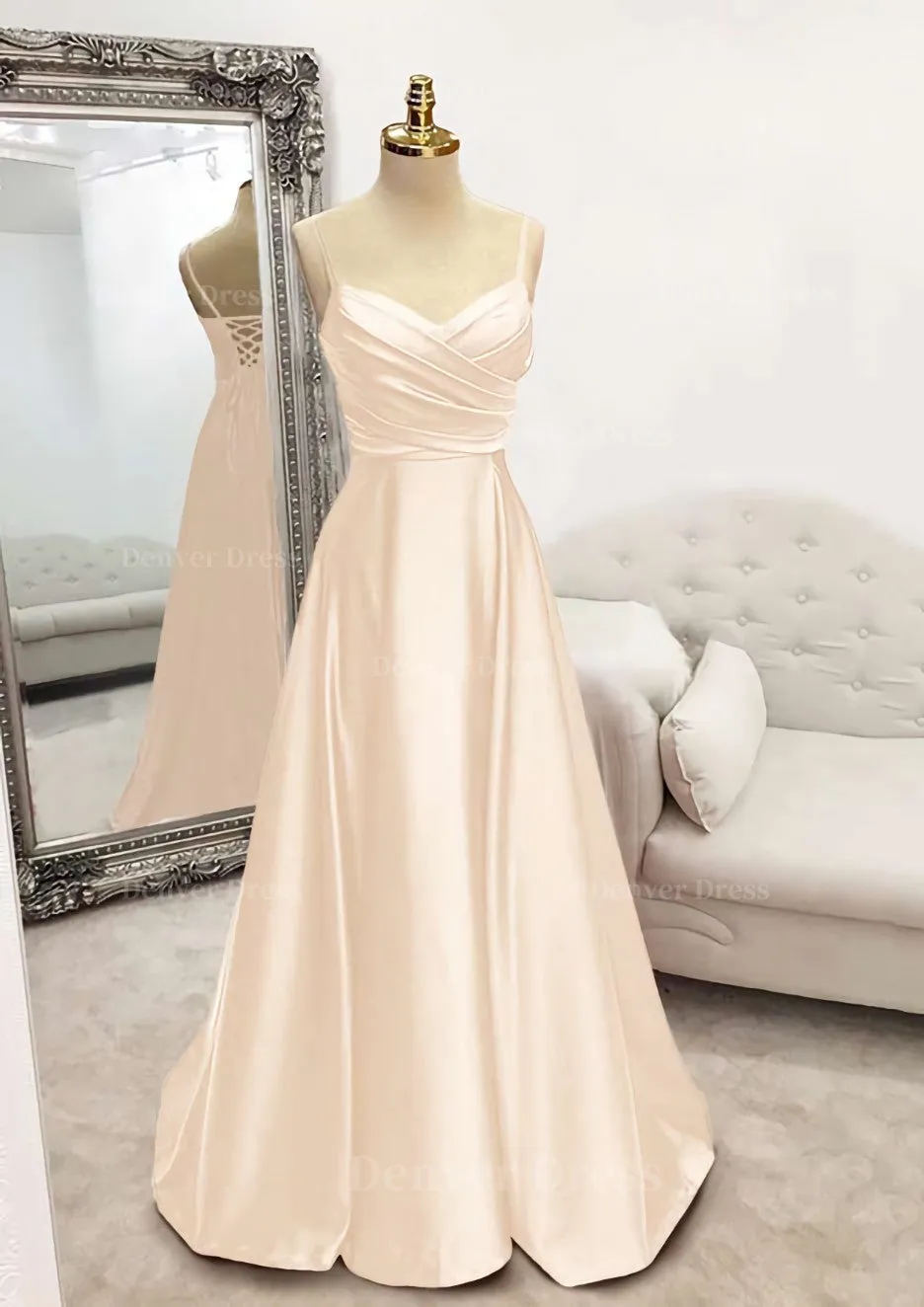 A-line V Neck Spaghetti Straps Long/Floor-Length Satin Prom Dress With Pleated