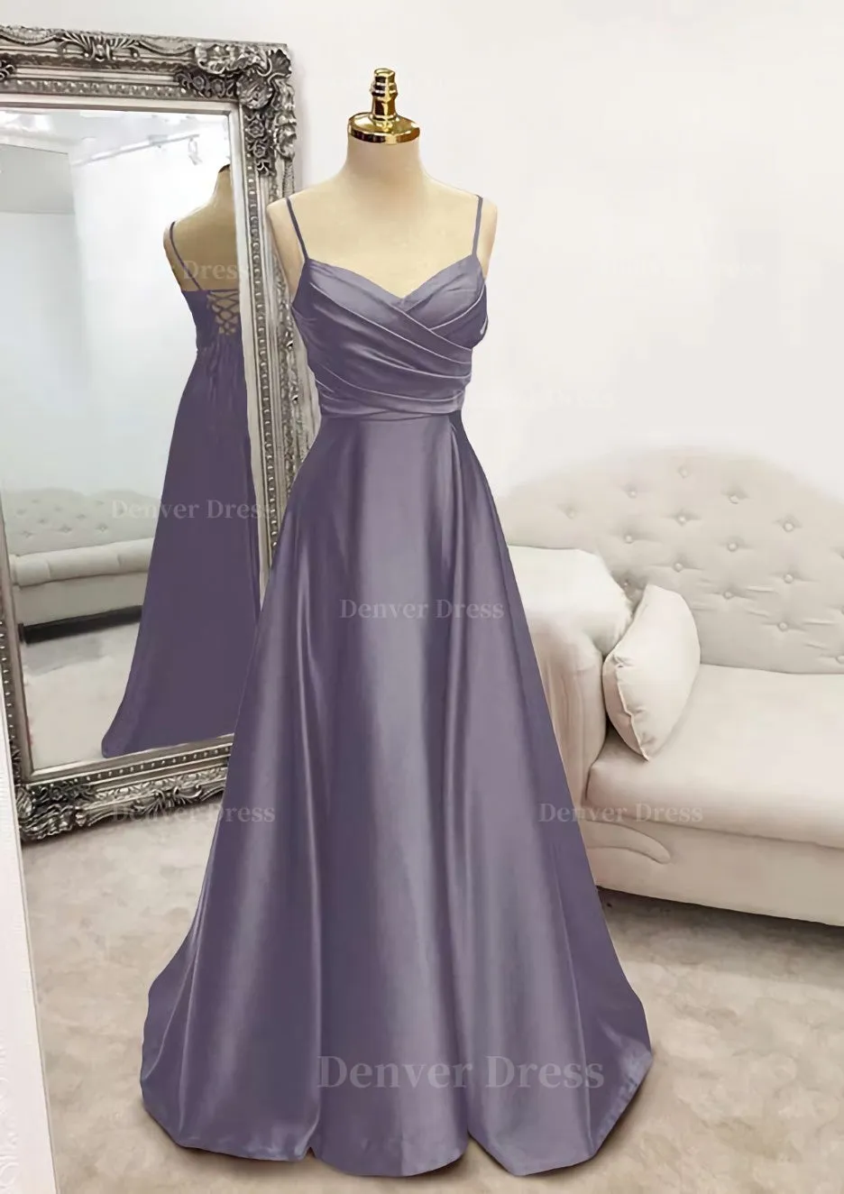 A-line V Neck Spaghetti Straps Long/Floor-Length Satin Prom Dress With Pleated