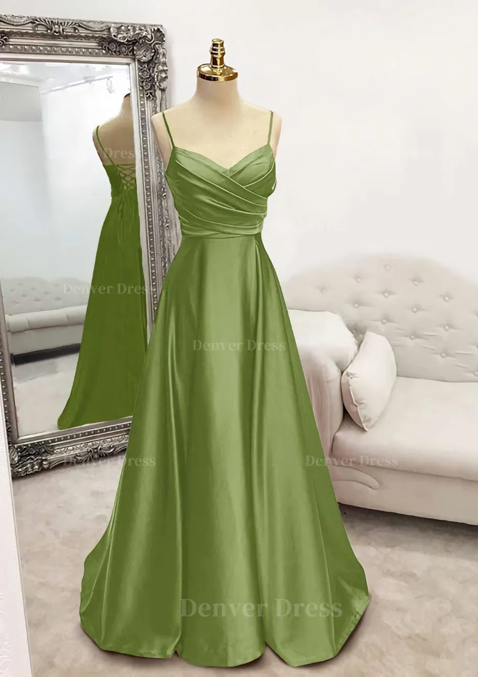 A-line V Neck Spaghetti Straps Long/Floor-Length Satin Prom Dress With Pleated