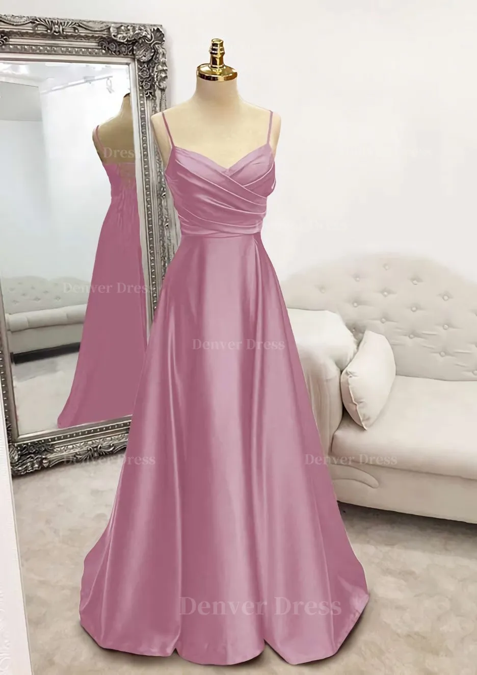 A-line V Neck Spaghetti Straps Long/Floor-Length Satin Prom Dress With Pleated