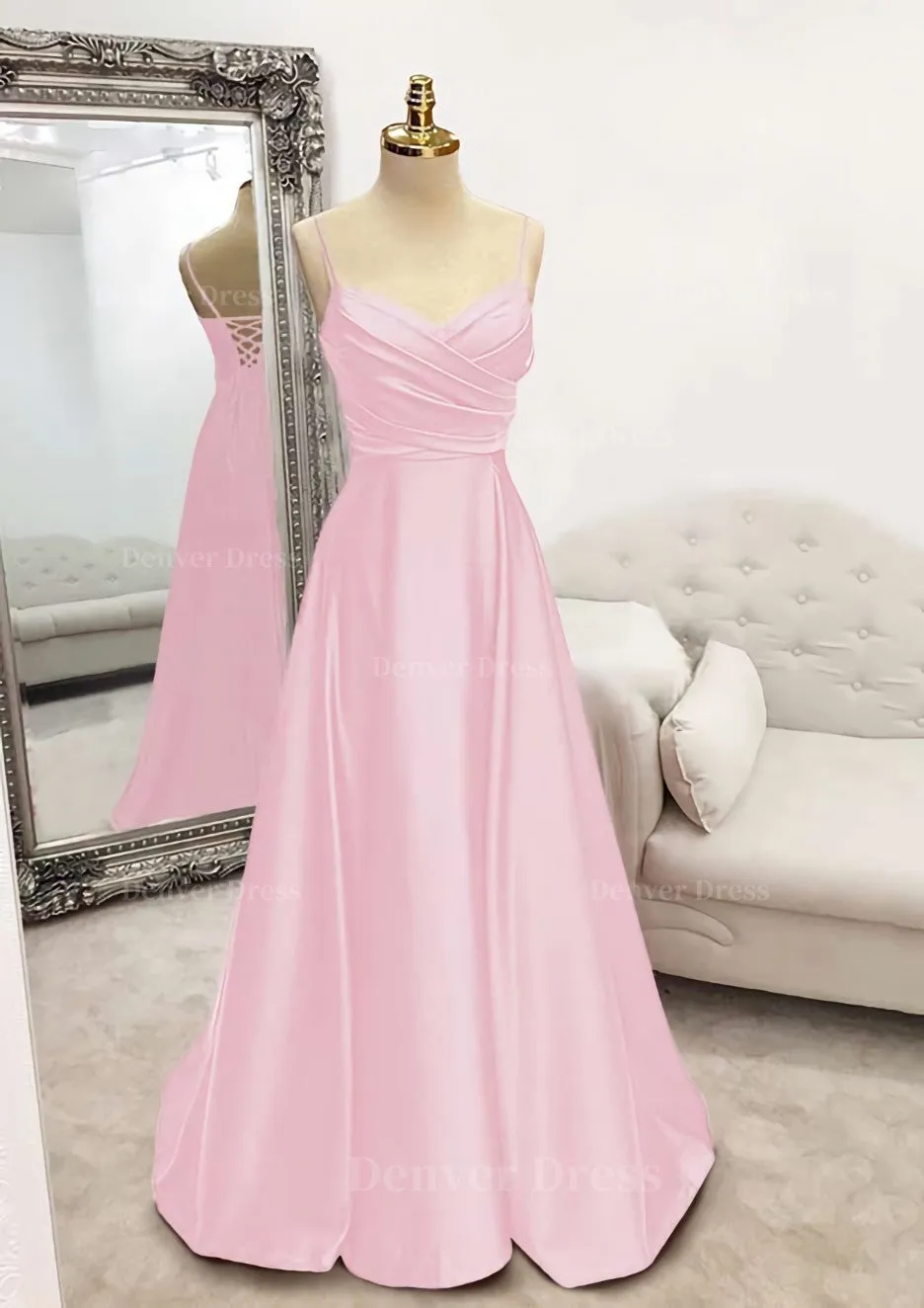 A-line V Neck Spaghetti Straps Long/Floor-Length Satin Prom Dress With Pleated