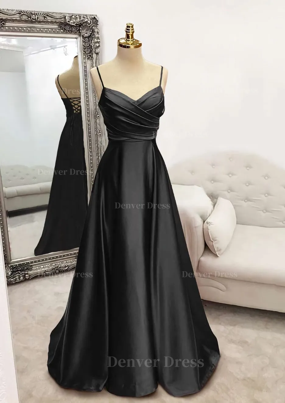 A-line V Neck Spaghetti Straps Long/Floor-Length Satin Prom Dress With Pleated