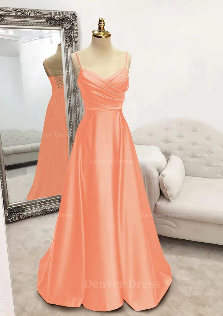 A-line V Neck Spaghetti Straps Long/Floor-Length Satin Prom Dress With Pleated