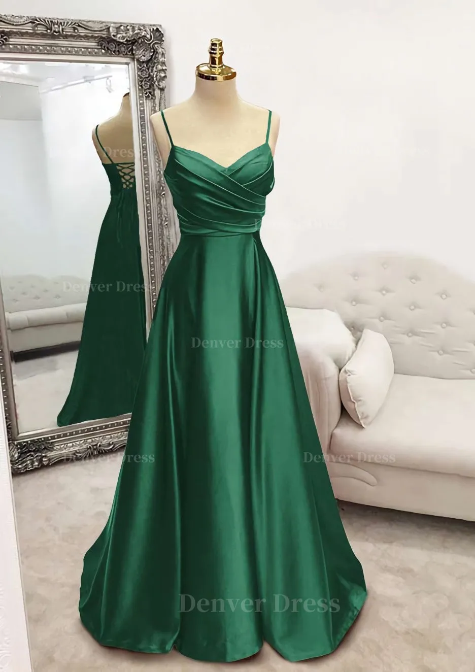 A-line V Neck Spaghetti Straps Long/Floor-Length Satin Prom Dress With Pleated