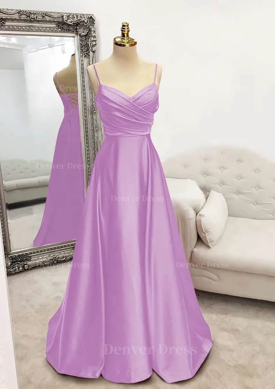 A-line V Neck Spaghetti Straps Long/Floor-Length Satin Prom Dress With Pleated