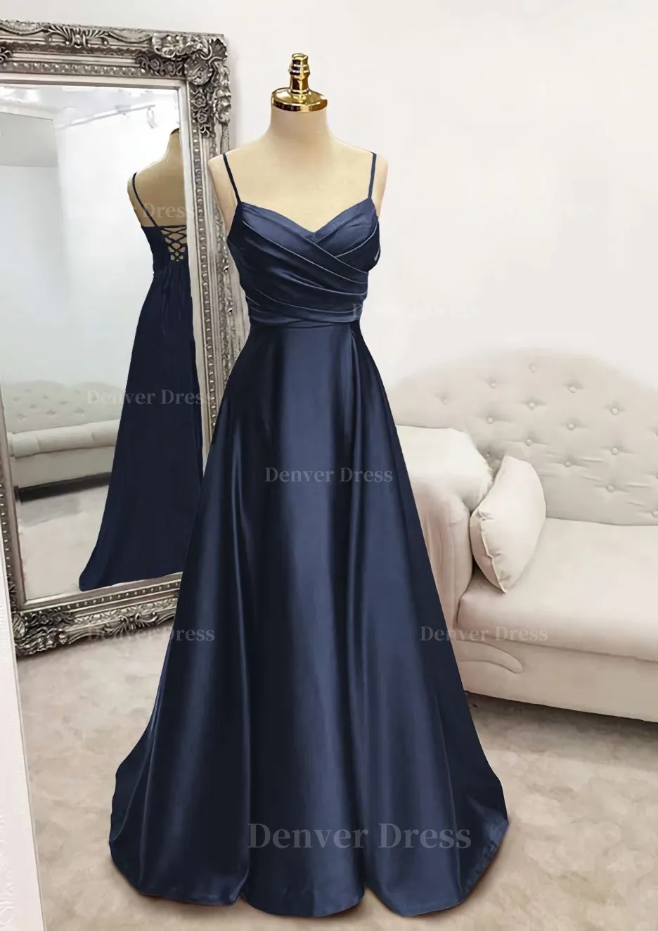 A-line V Neck Spaghetti Straps Long/Floor-Length Satin Prom Dress With Pleated