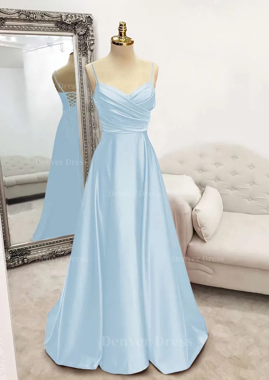 A-line V Neck Spaghetti Straps Long/Floor-Length Satin Prom Dress With Pleated
