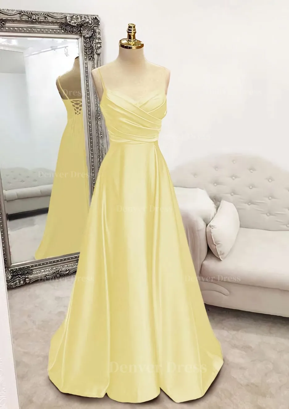A-line V Neck Spaghetti Straps Long/Floor-Length Satin Prom Dress With Pleated