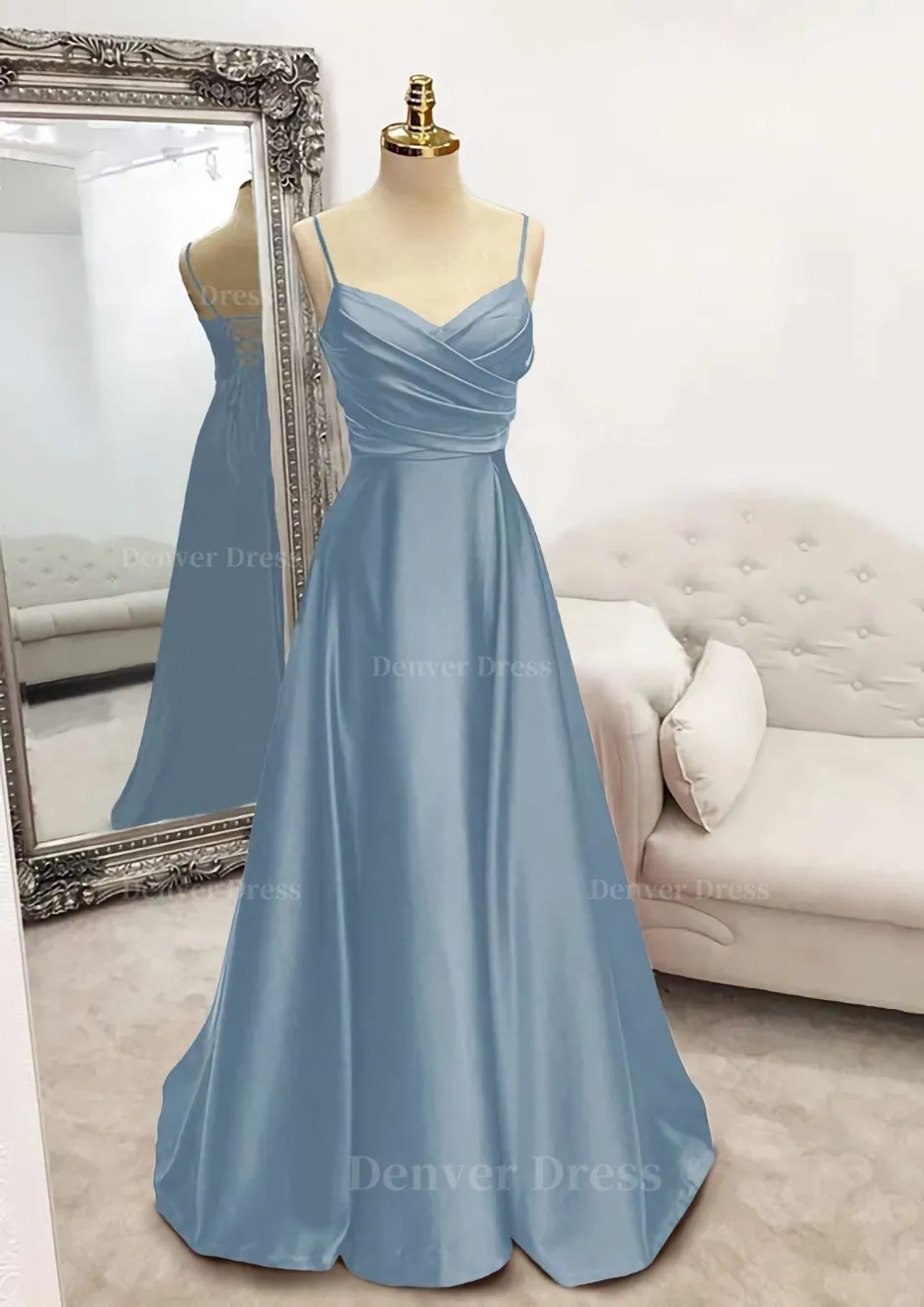 A-line V Neck Spaghetti Straps Long/Floor-Length Satin Prom Dress With Pleated