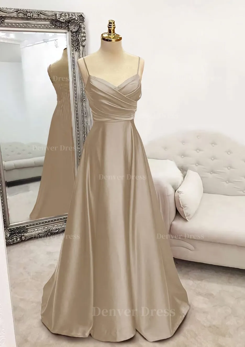 A-line V Neck Spaghetti Straps Long/Floor-Length Satin Prom Dress With Pleated