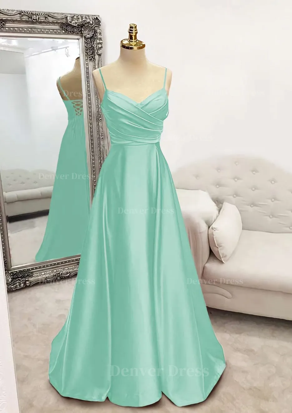 A-line V Neck Spaghetti Straps Long/Floor-Length Satin Prom Dress With Pleated