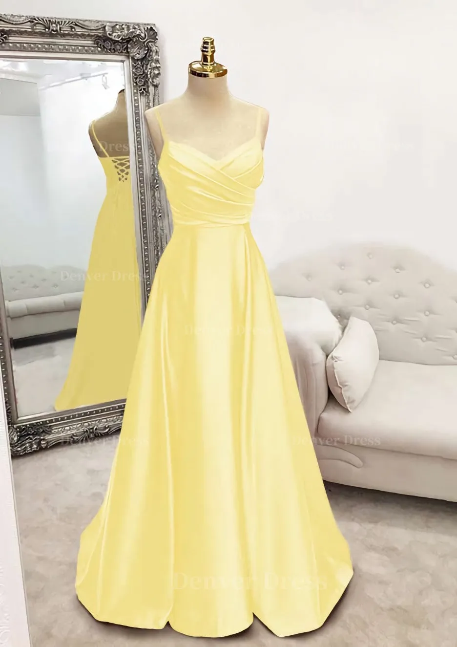 A-line V Neck Spaghetti Straps Long/Floor-Length Satin Prom Dress With Pleated
