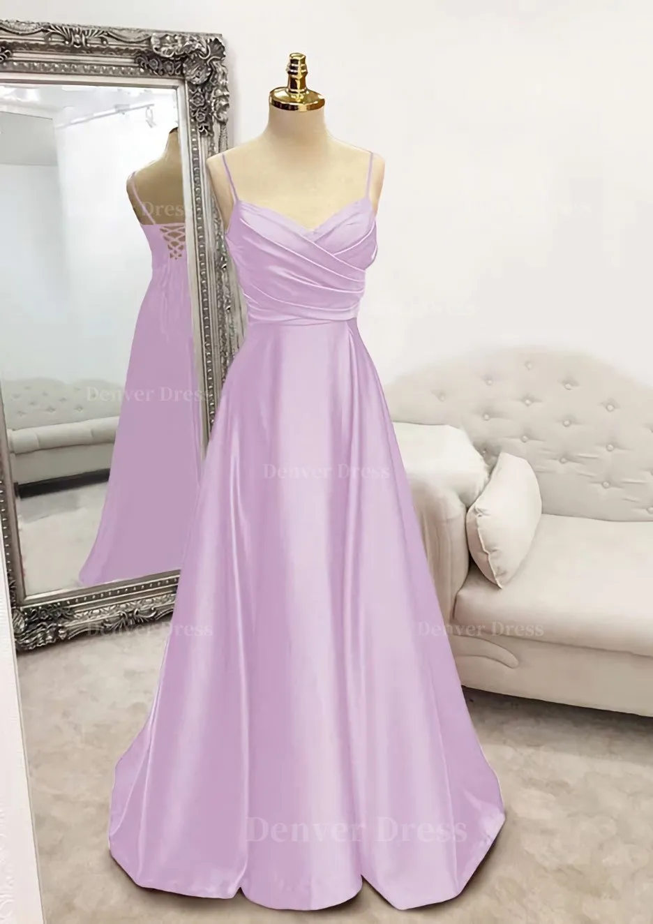 A-line V Neck Spaghetti Straps Long/Floor-Length Satin Prom Dress With Pleated