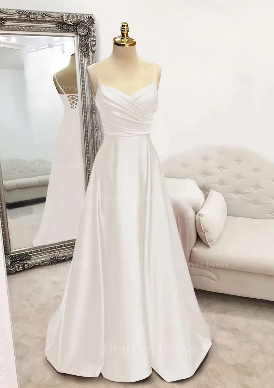 A-line V Neck Spaghetti Straps Long/Floor-Length Satin Prom Dress With Pleated