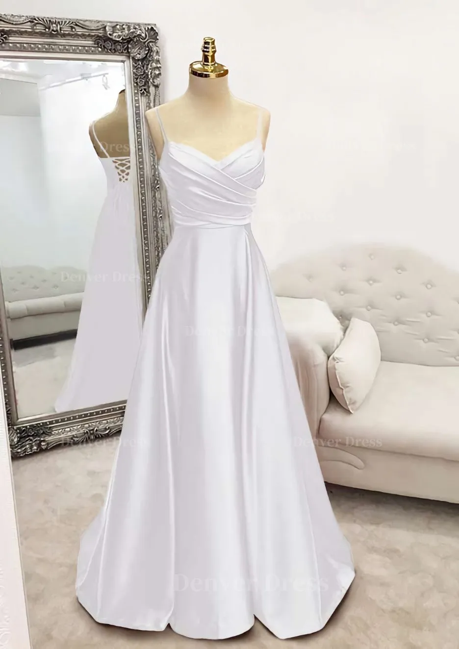A-line V Neck Spaghetti Straps Long/Floor-Length Satin Prom Dress With Pleated