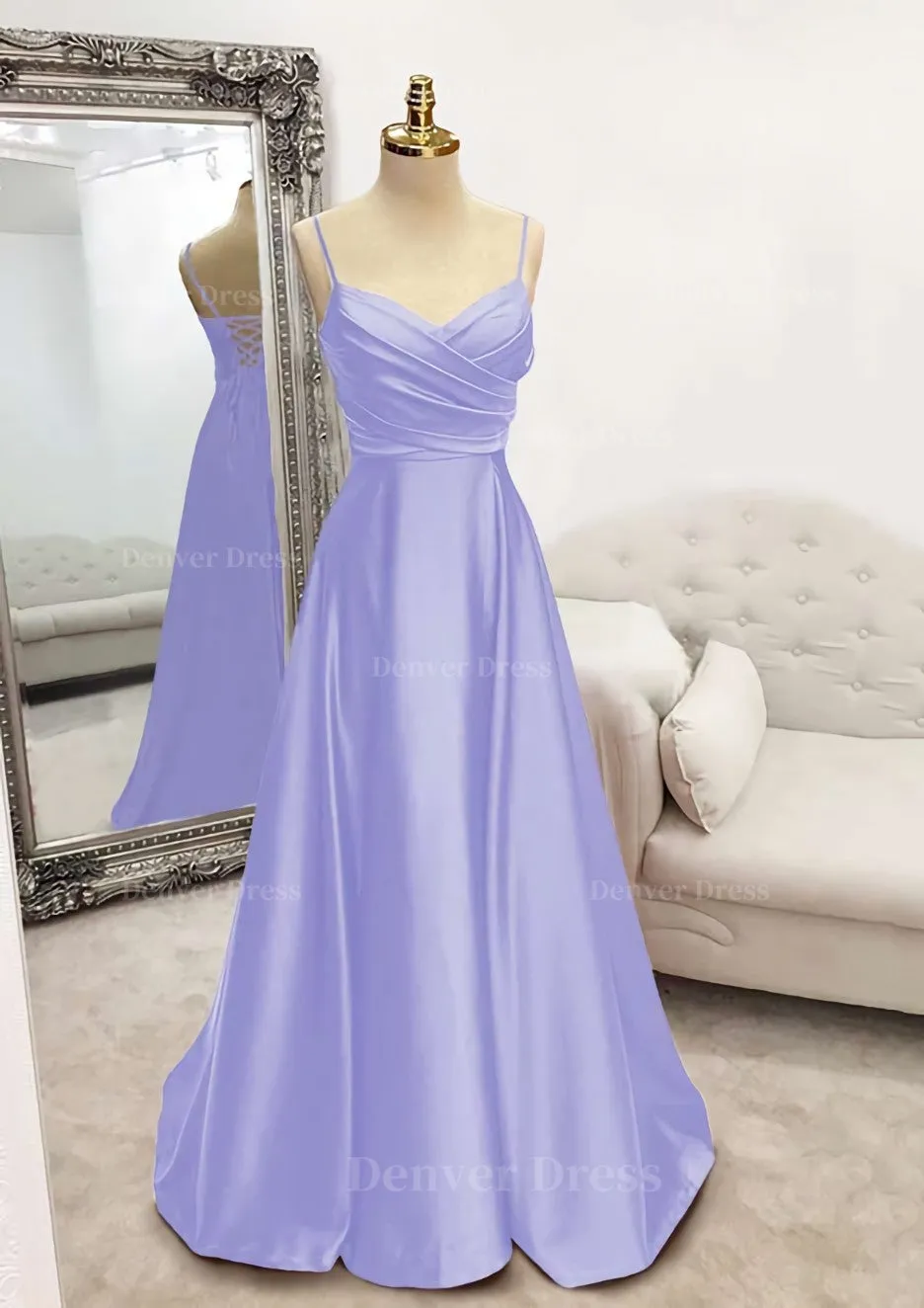A-line V Neck Spaghetti Straps Long/Floor-Length Satin Prom Dress With Pleated