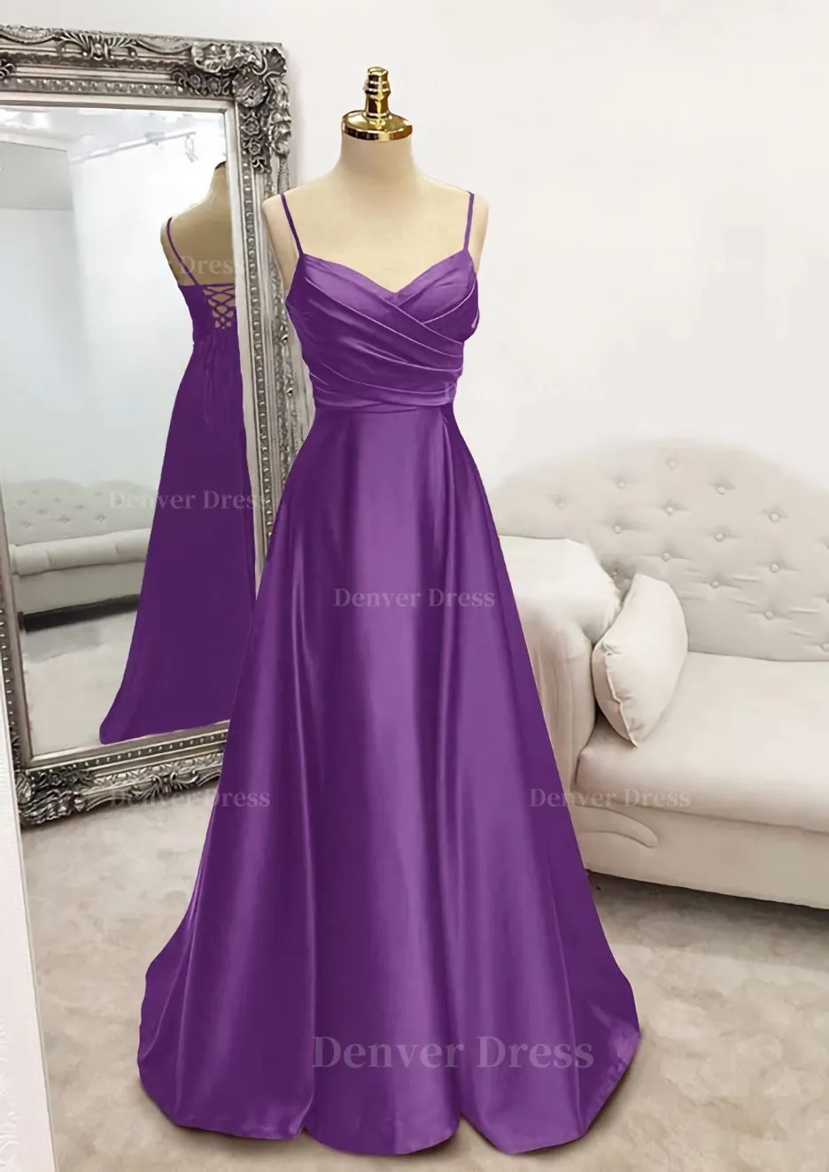 A-line V Neck Spaghetti Straps Long/Floor-Length Satin Prom Dress With Pleated